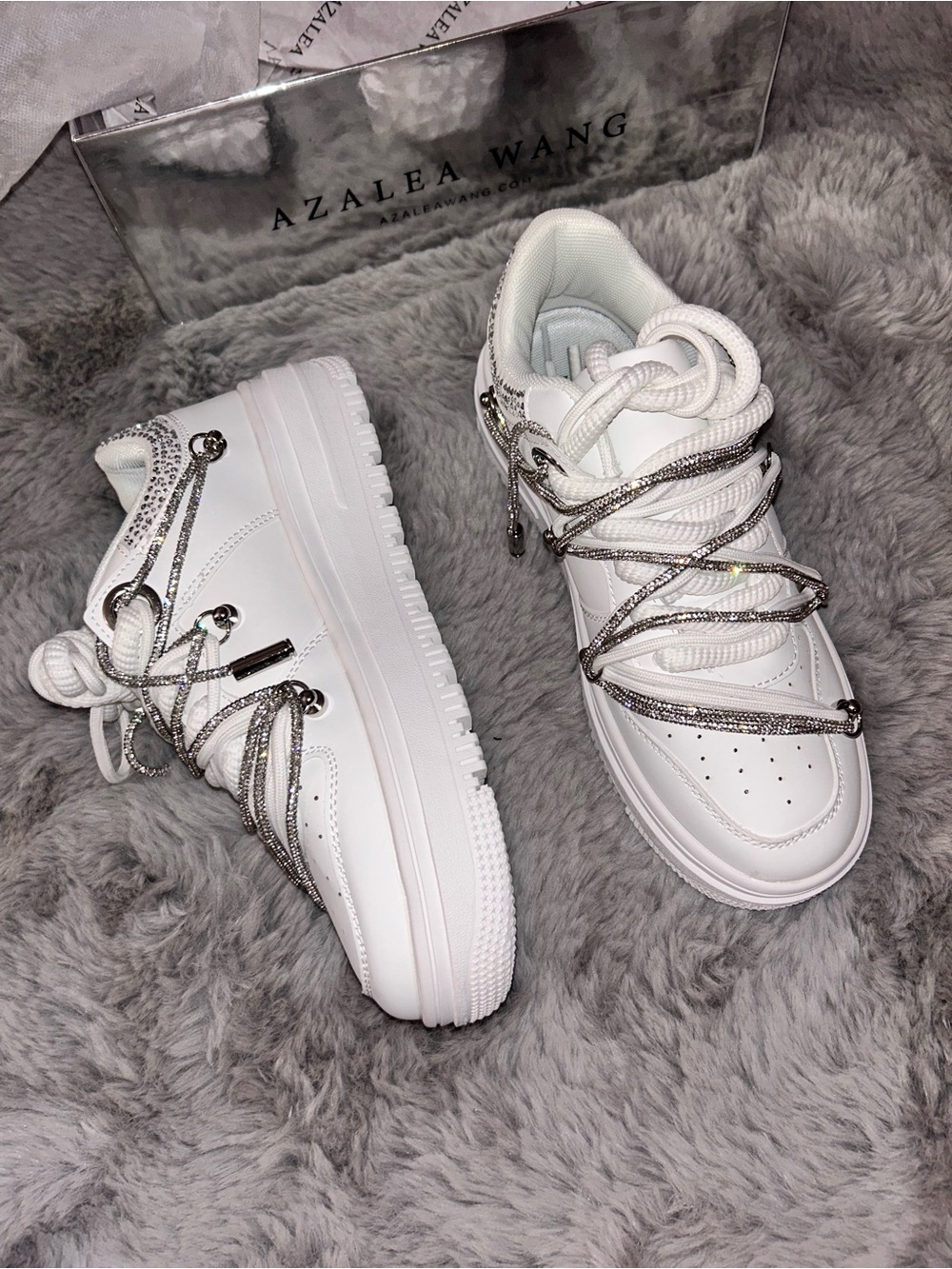 Azalea Wang White Platform Sneakers with Metallic Silver Laces